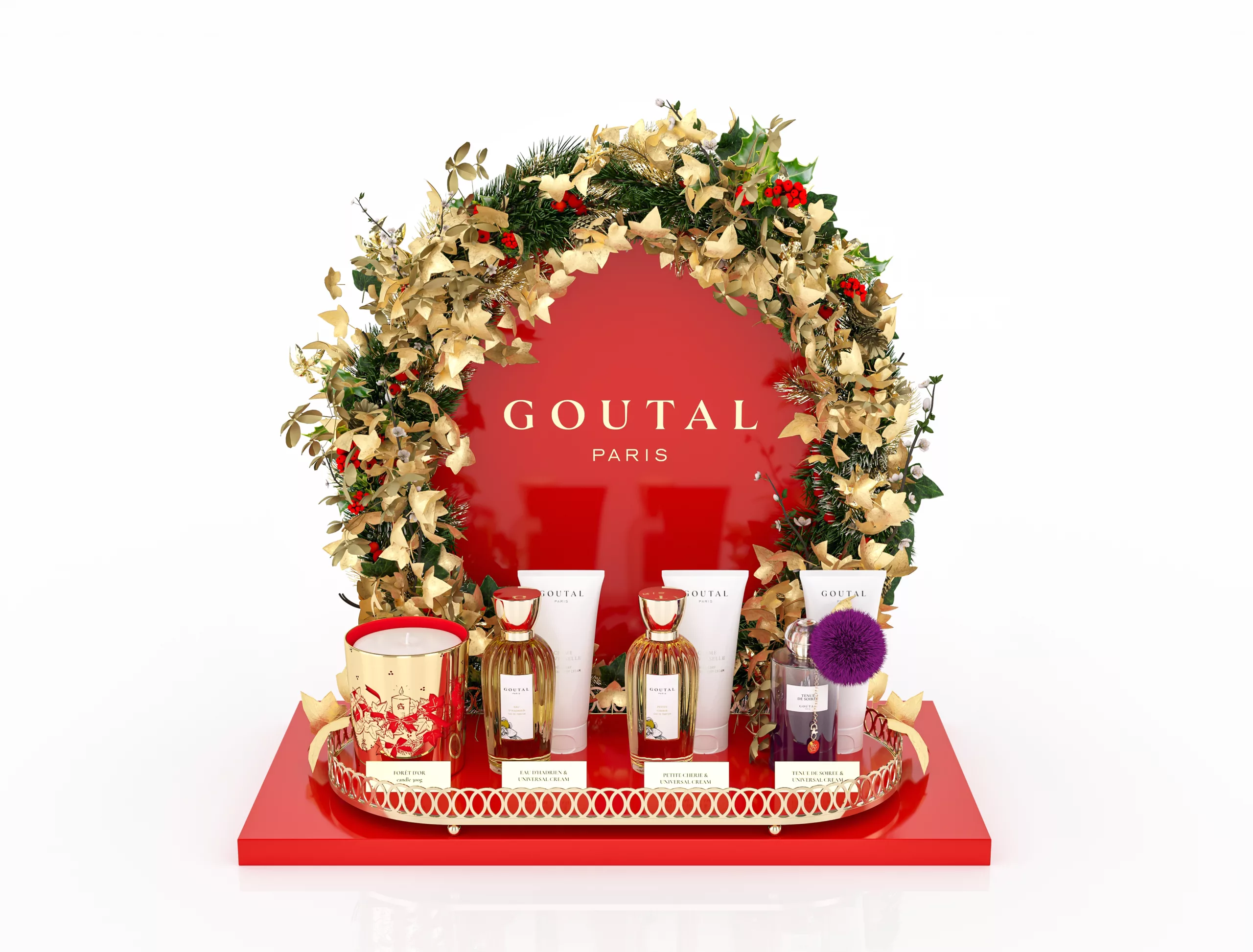 Présentoir 3D retail Goutal rouge brillant avec couronne de lierre doré, plateau ovale or et produits parfum