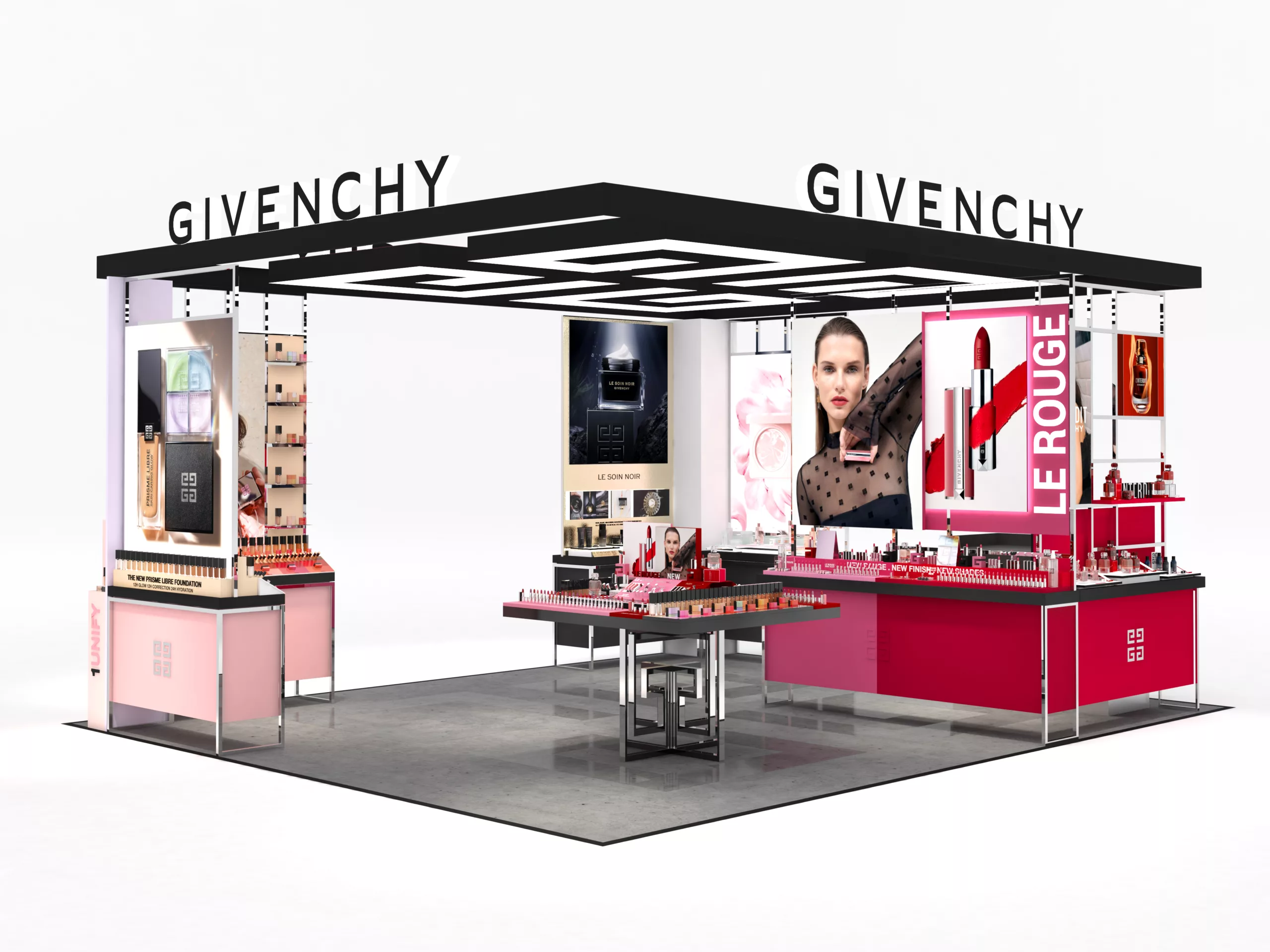 vue 3D pop up Givenchy Haitang Bai table centrale maquillage murs produits prisme libre rouge à lèvres soin noir