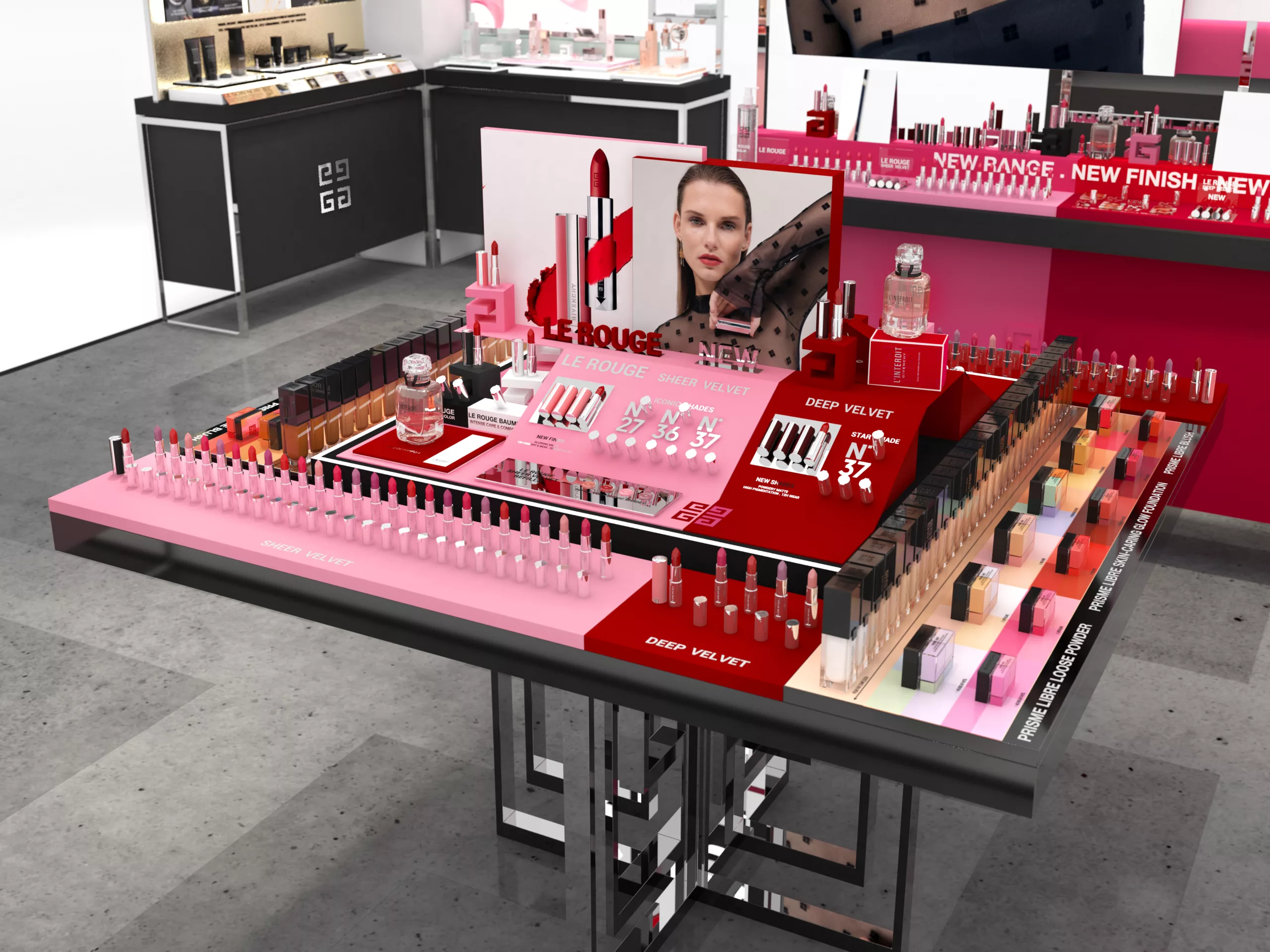 zoom 3D table centrale pop up Givenchy Haitang Bai avec rouge à lèvres, Prisme Libre et produits maquillage