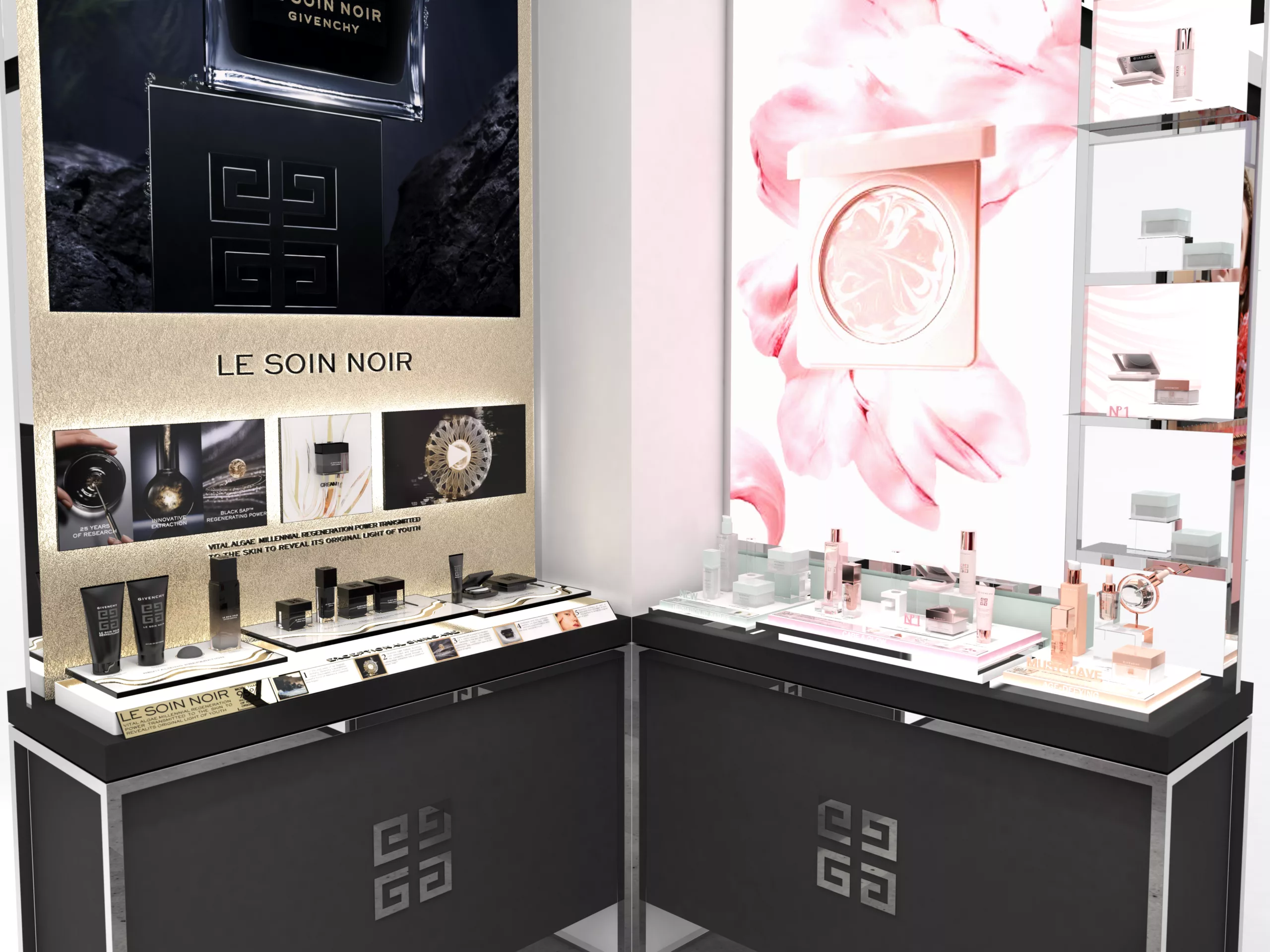 mur en angle 3D pop up Givenchy Haitang Bai présentant soin Noir et gamme Blossom intemporel