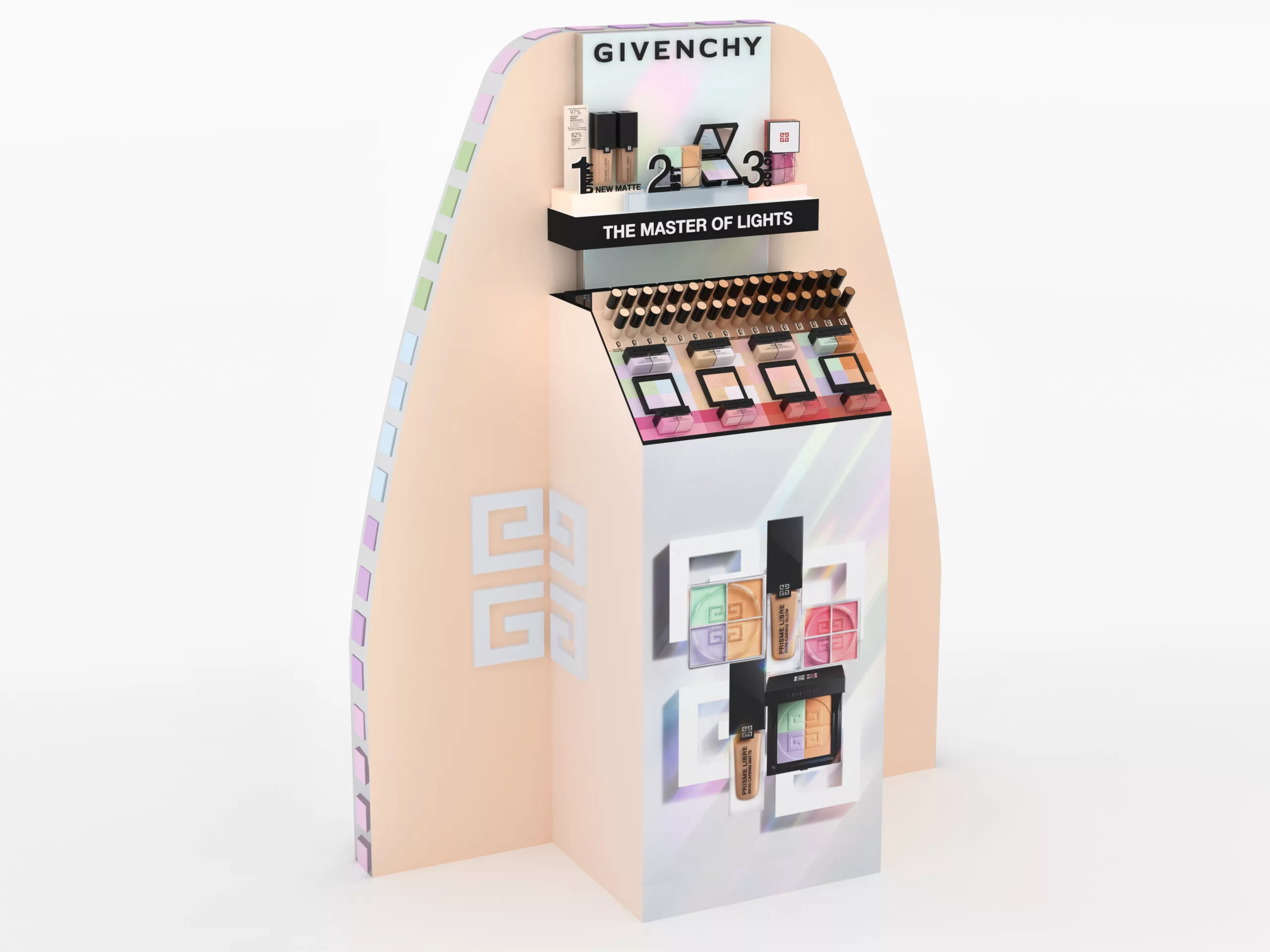 tête de gondole 3D retail Givenchy Prisme Libre dans les tons orange, rose et bleu avec présentation produits et visuel packshot