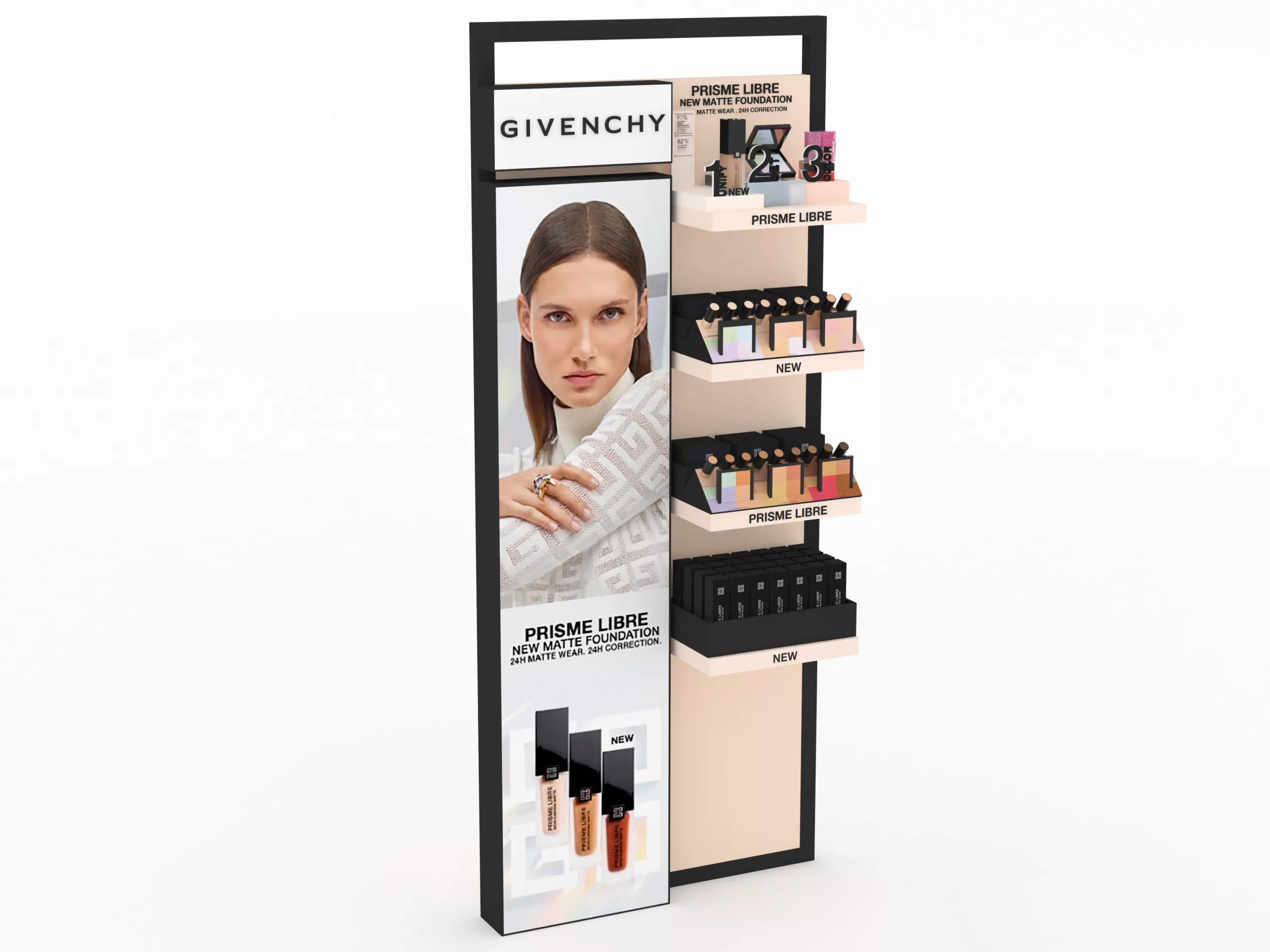 meuble vertical 3D retail Givenchy Prisme Libre en métal noir avec visuel égérie et étagères produits