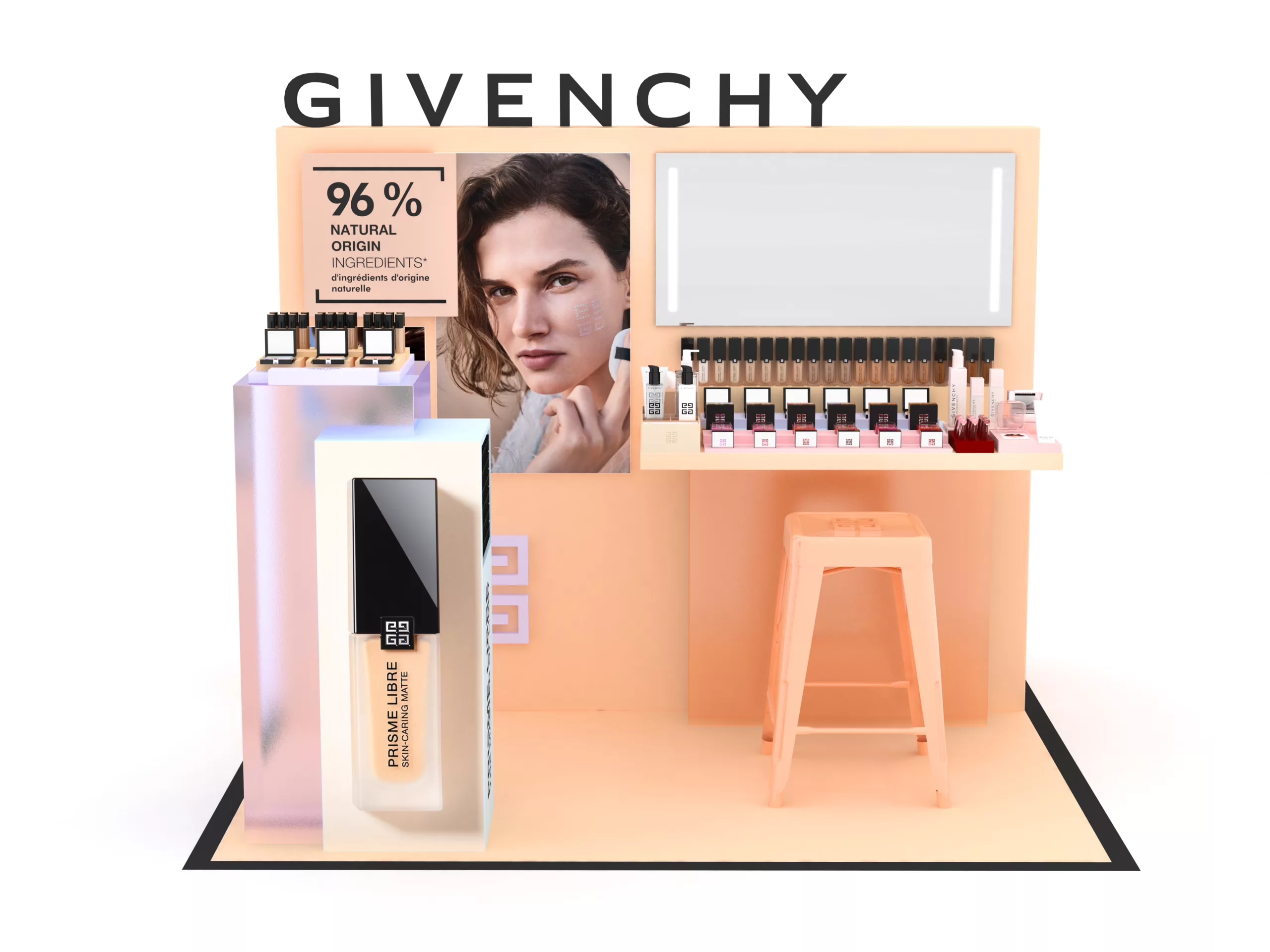 Pop up 3D retail Givenchy Prisme Libre, design orangé avec table de consultation, visuels égérie et packshot, stèles en plexi bleu transparent présentant les produits