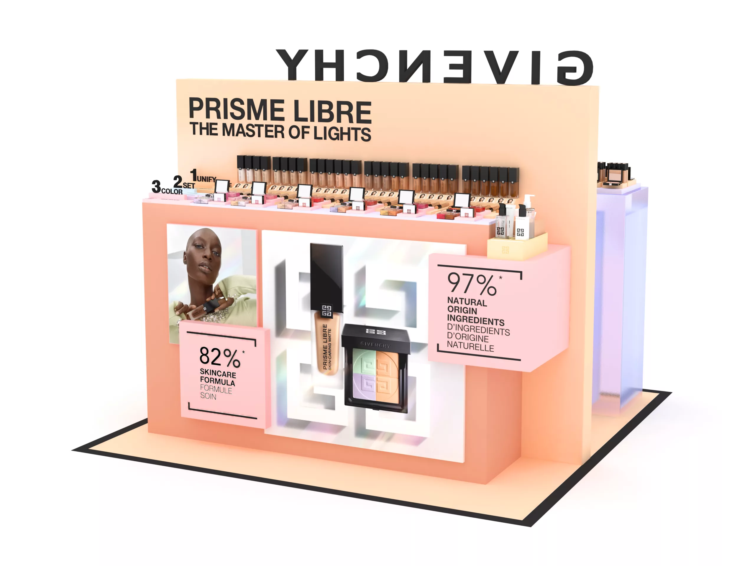 Pop up 3D retail Givenchy Prisme Libre, grand meuble produits maquillage avec logo Givenchy, visuels égérie et packshot, cube rose et ambiance orangée