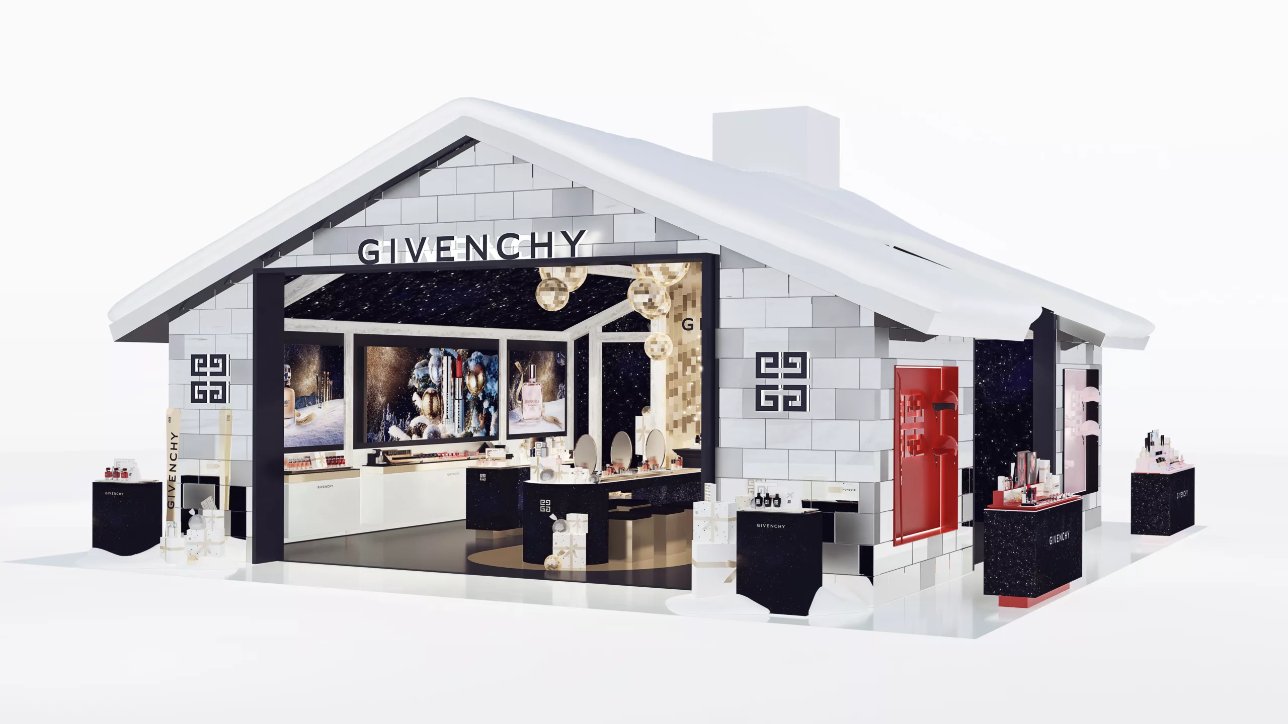 pop up 3D Givenchy Noël chalet de montagne avec cheminée dorée, toit enneigé et table de consultation